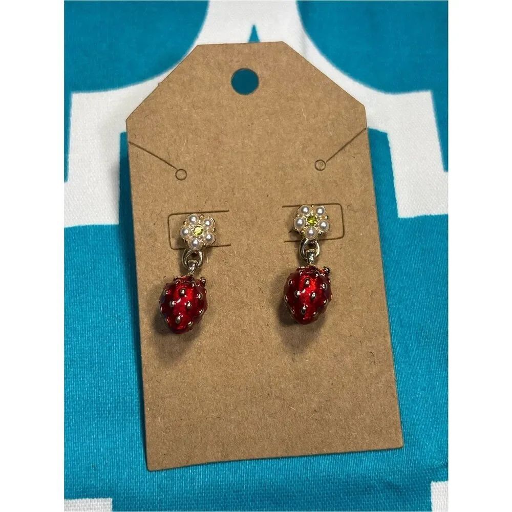 New Strawberry Drop Earrings with Floral Studs - Red